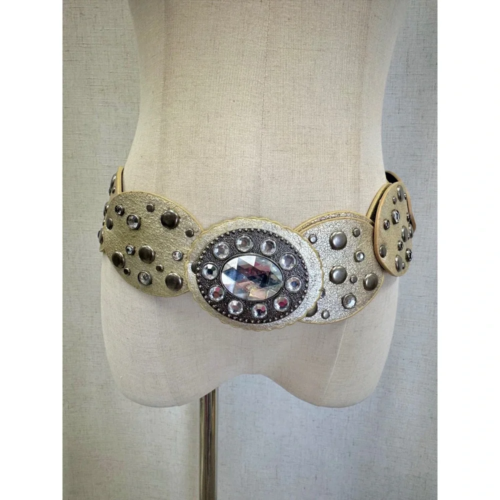 Concho Disc Belt Moroccan Style Gold Large/XL Rhinestone Studded Boho Wide Y2K